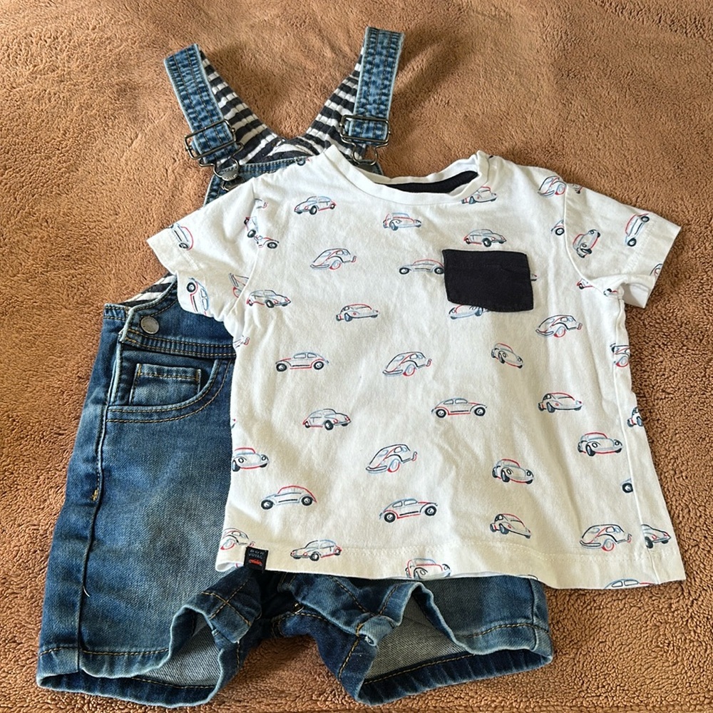Mayoral denim shortall and matching car print tshirt. Size 12 months.